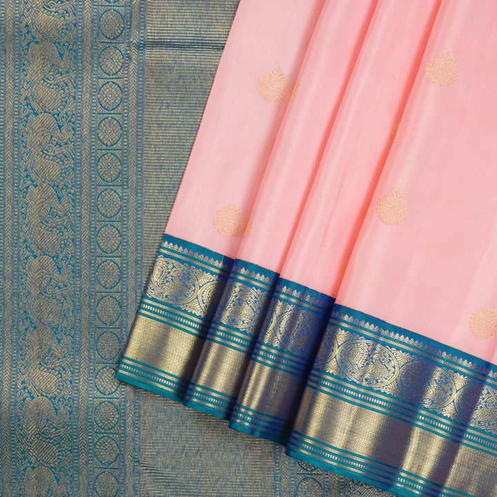 Hayagrivas Baby Pink Handloom Kanjivaram Silk Saree with Peacock Blue Border KBE376E1-5