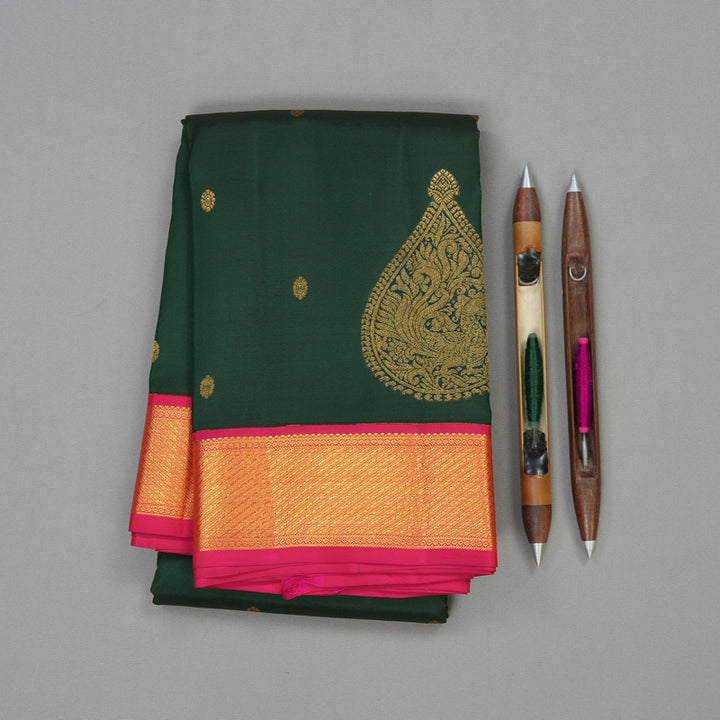 Hayagrivas Handloom Pure Kanjivaram Silk Saree in Eye-catching Bottle Green KBE376E11-3