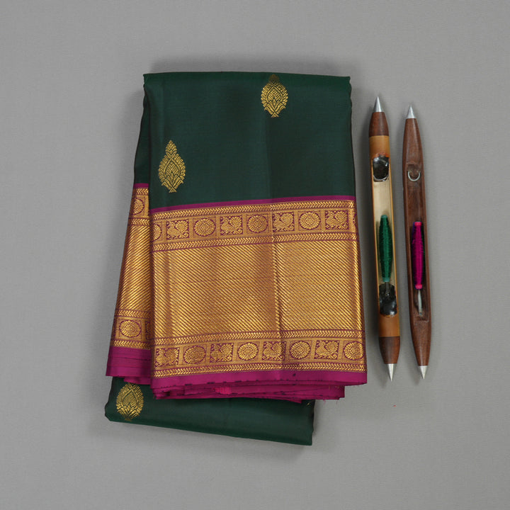 Hayagrivas Handloom Pure Kanjivaram Silk Saree in Lustrous Peacock Green KBE376E3-1