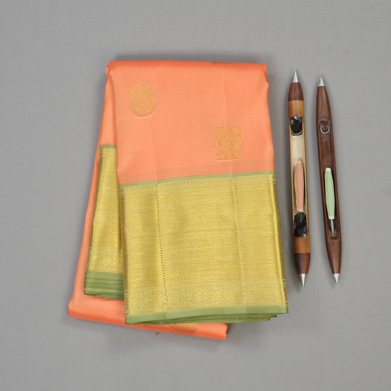 Hayagrivas Peach Orange Handloom Kanjivaram Silk Saree with Elaichi Green Border KBE376E3-3
