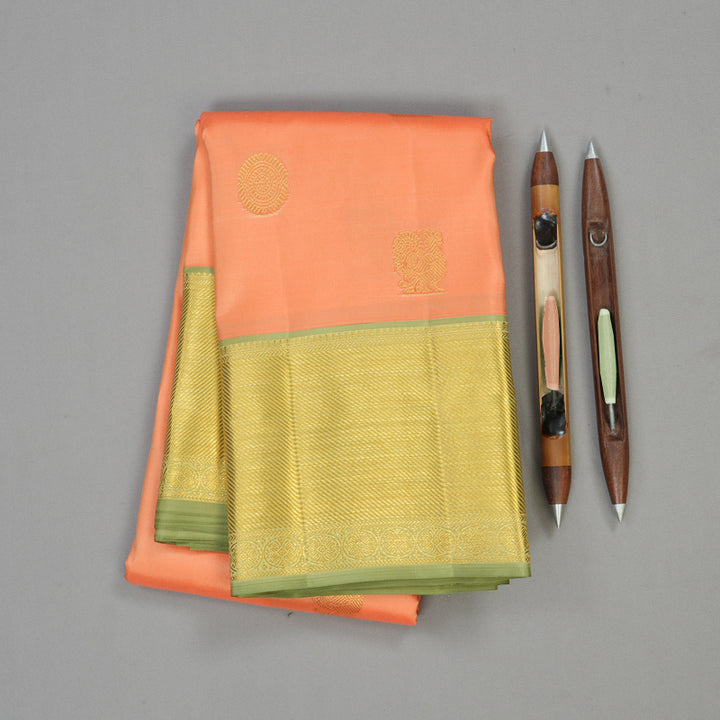 Hayagrivas Peach Orange Handloom Kanjivaram Silk Saree with Elaichi Green Border KBE376E3-3