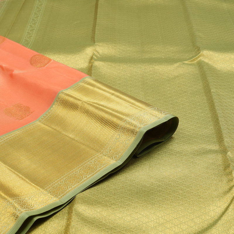 Hayagrivas Peach Orange Handloom Kanjivaram Silk Saree with Elaichi Green Border KBE376E3-3
