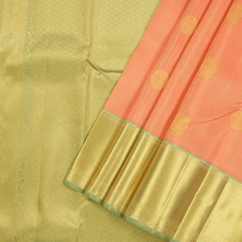 Hayagrivas Peach Orange Handloom Kanjivaram Silk Saree with Elaichi Green Border KBE376E3-3