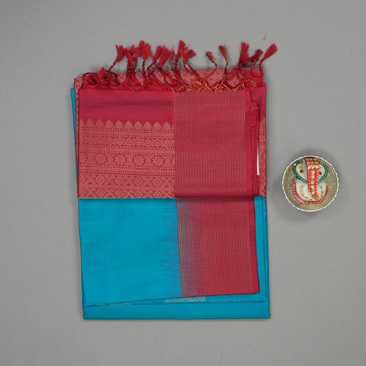 Hayagrivas Handloom Blue-Green Soft Silk Saree with Red Border KBE377E14-4