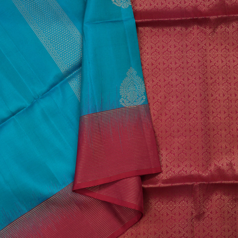Hayagrivas Handloom Blue-Green Soft Silk Saree with Red Border KBE377E14-4
