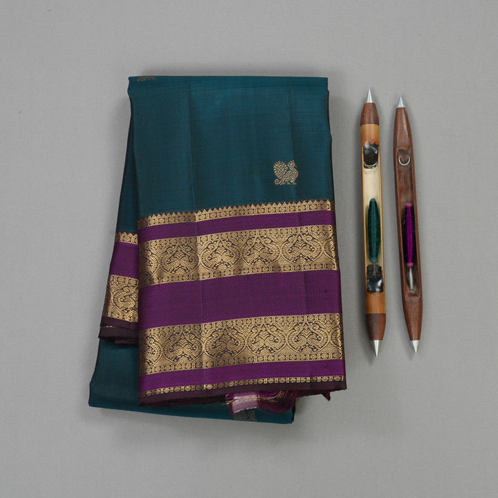 Hayagrivas Handloom Kanjivaram silk saree in rich Teal Blue with Dark Brown KBE384E12-2