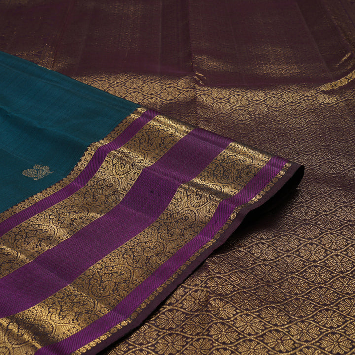 Hayagrivas Handloom Kanjivaram silk saree in rich Teal Blue with Dark Brown KBE384E12-2