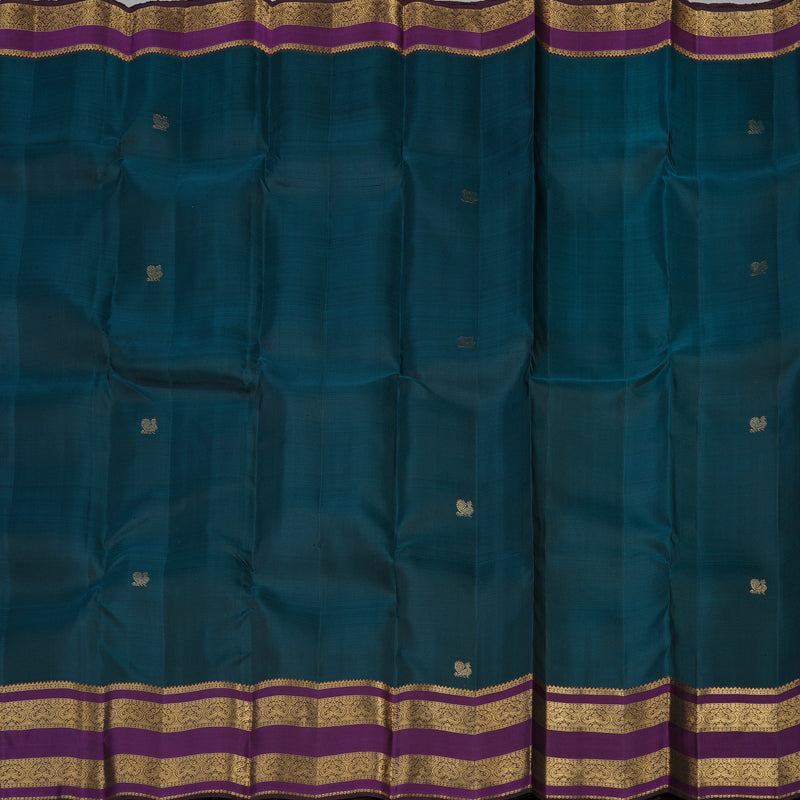Hayagrivas Handloom Kanjivaram silk saree in rich Teal Blue with Dark Brown KBE384E12-2
