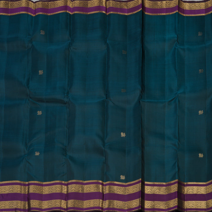 Hayagrivas Handloom Kanjivaram silk saree in rich Teal Blue with Dark Brown KBE384E12-2