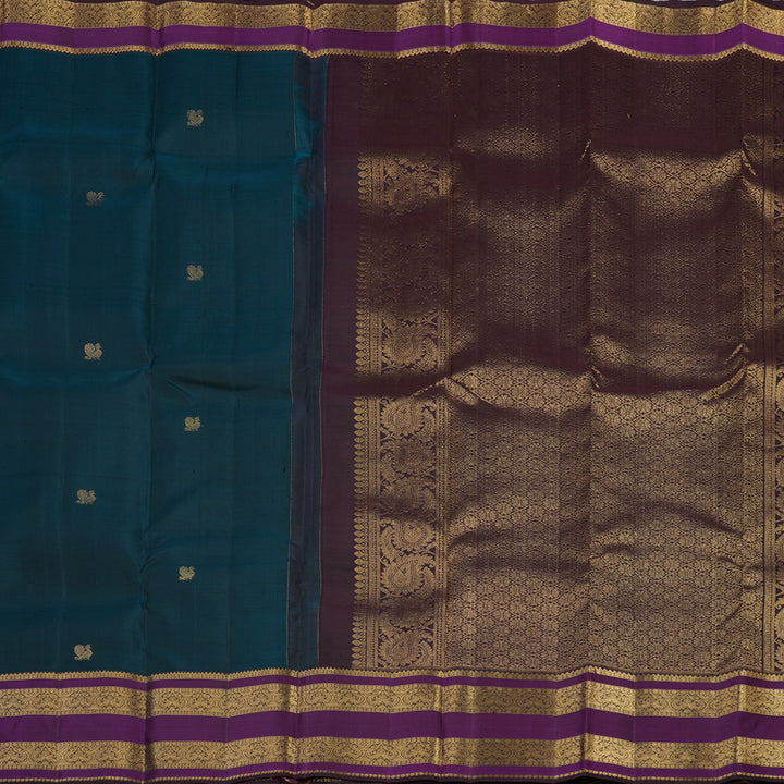 Hayagrivas Handloom Kanjivaram silk saree in rich Teal Blue with Dark Brown KBE384E12-2