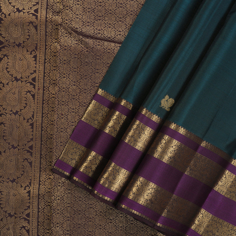 Hayagrivas Handloom Kanjivaram silk saree in rich Teal Blue with Dark Brown KBE384E12-2
