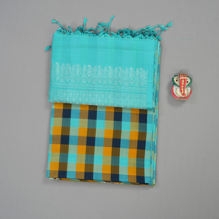 Hayagrivas Pure Soft Silk Saree in Multicolour Checks with Sky Blue Borderless KBE387E3-1
