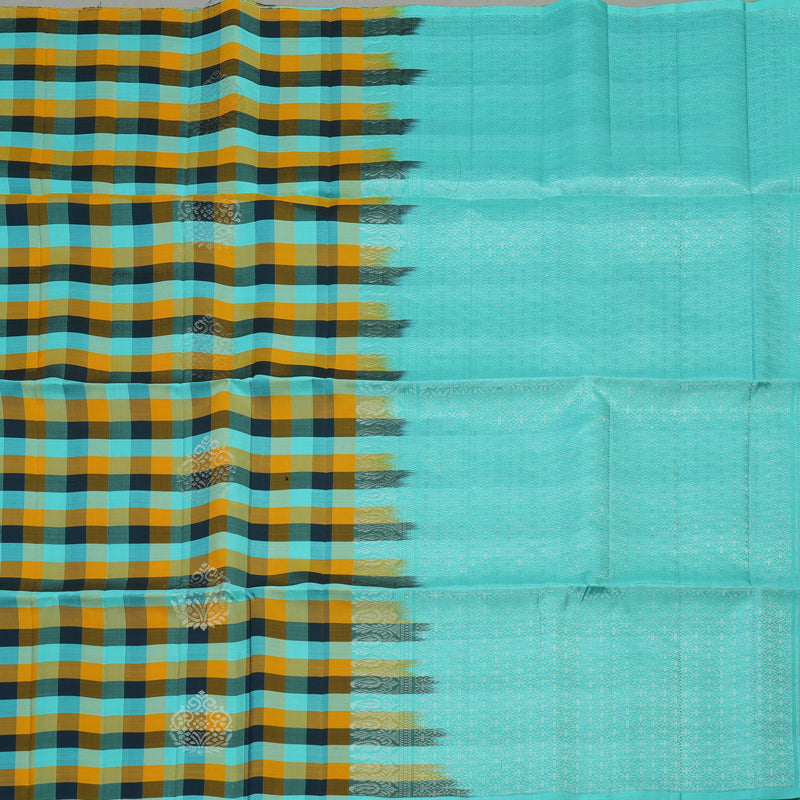 Hayagrivas Pure Soft Silk Saree in Multicolour Checks with Sky Blue Borderless KBE387E3-1