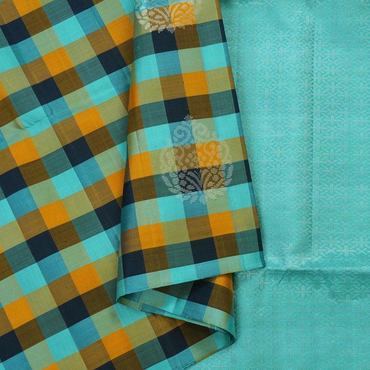 Hayagrivas Pure Soft Silk Saree in Multicolour Checks with Sky Blue Borderless KBE387E3-1