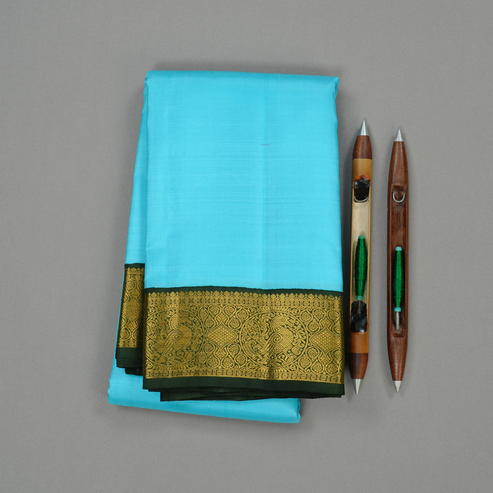 Hayagrivas Sea Blue Handloom Kanjivaram Silk Saree with Bottle Green Border KBE38D2-1