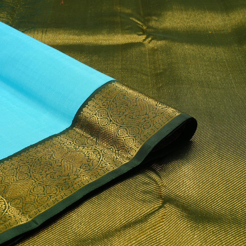 Hayagrivas Sea Blue Handloom Kanjivaram Silk Saree with Bottle Green Border KBE38D2-1