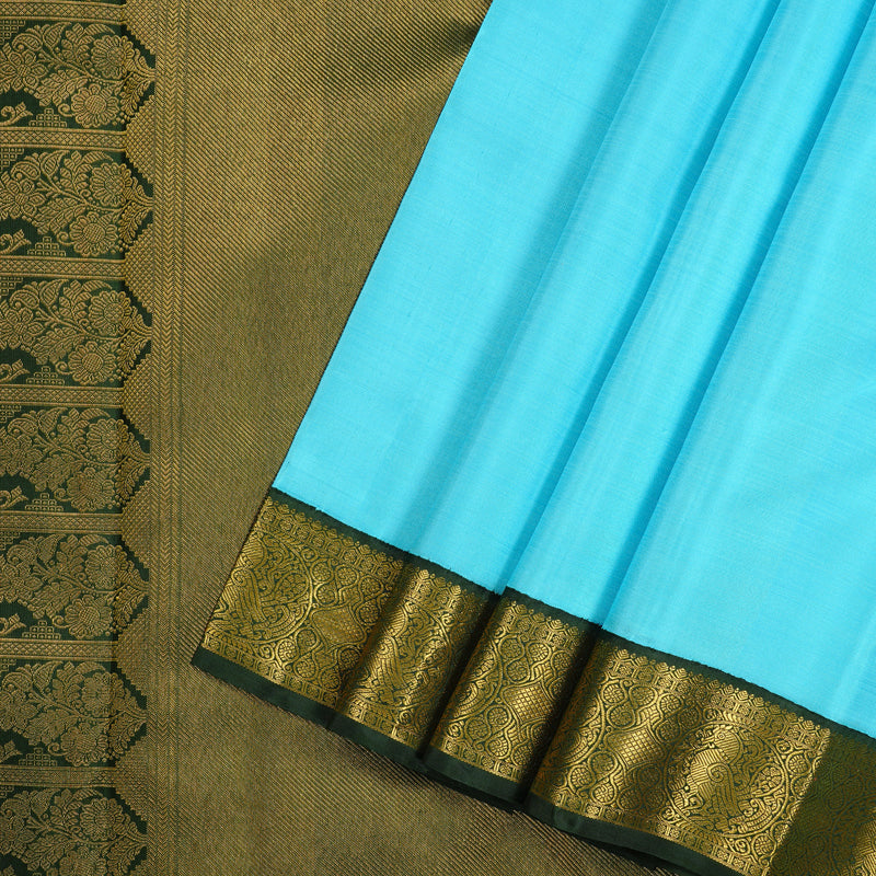 Hayagrivas Sea Blue Handloom Kanjivaram Silk Saree with Bottle Green Border KBE38D2-1