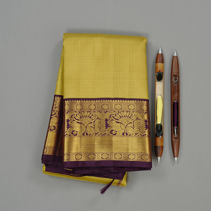 Hayagrivas Sandal Yellow Handloom Kanjivaram Silk Saree with Purple Border KBE38D3-1