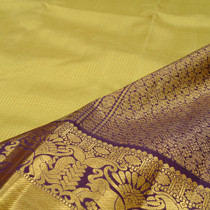 Hayagrivas Sandal Yellow Handloom Kanjivaram Silk Saree with Purple Border KBE38D3-1