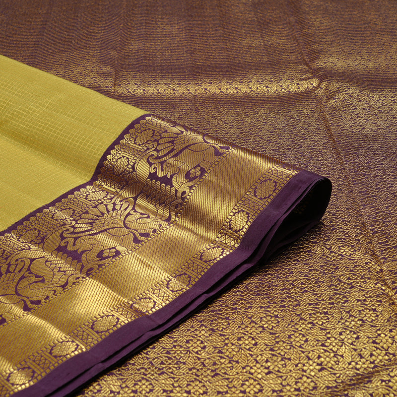 Hayagrivas Sandal Yellow Handloom Kanjivaram Silk Saree with Purple Border KBE38D3-1