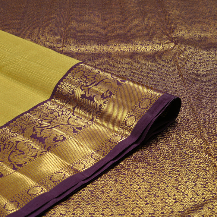 Hayagrivas Sandal Yellow Handloom Kanjivaram Silk Saree with Purple Border KBE38D3-1
