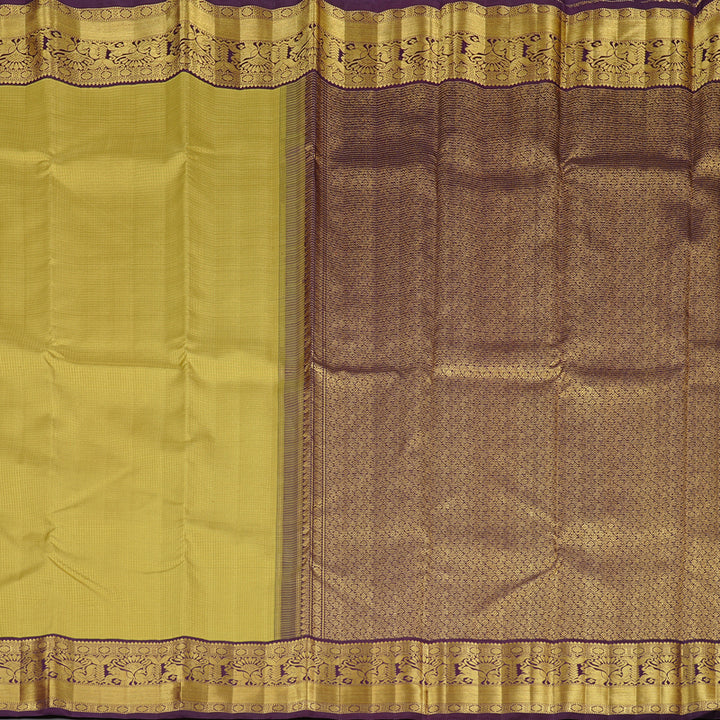 Hayagrivas Sandal Yellow Handloom Kanjivaram Silk Saree with Purple Border KBE38D3-1