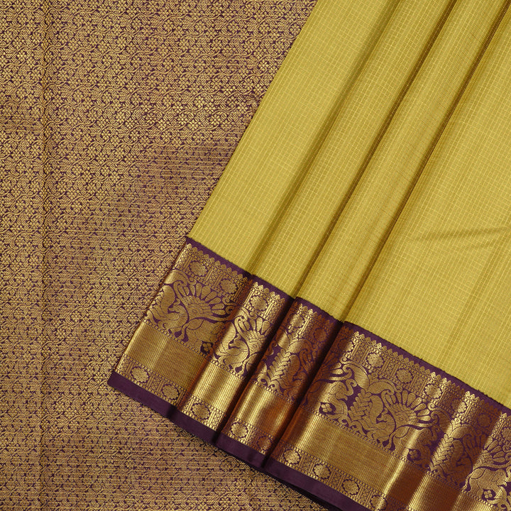 Hayagrivas Sandal Yellow Handloom Kanjivaram Silk Saree with Purple Border KBE38D3-1