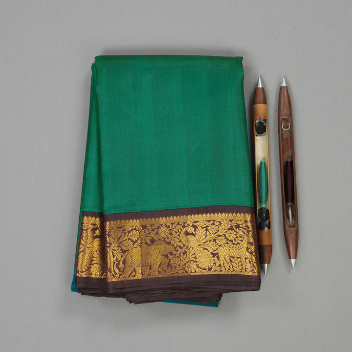 Hayagrivas Handloom Kanjivaram silk saree in Teal green with Korvai contrast dark brown KBE395E3-1