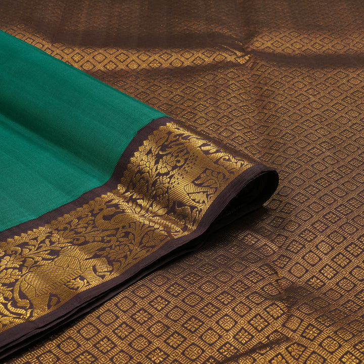 Hayagrivas Handloom Kanjivaram silk saree in Teal green with Korvai contrast dark brown KBE395E3-1