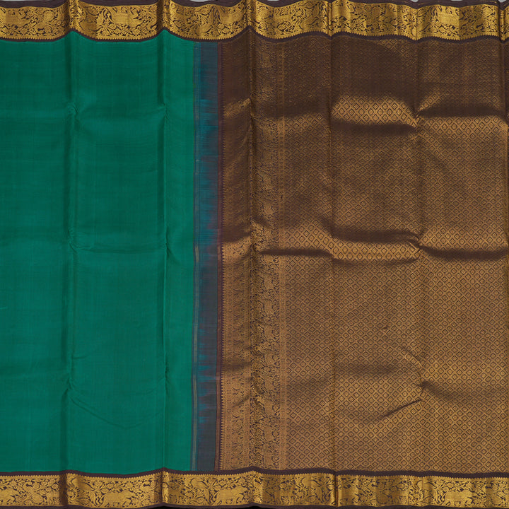 Hayagrivas Handloom Kanjivaram silk saree in Teal green with Korvai contrast dark brown KBE395E3-1