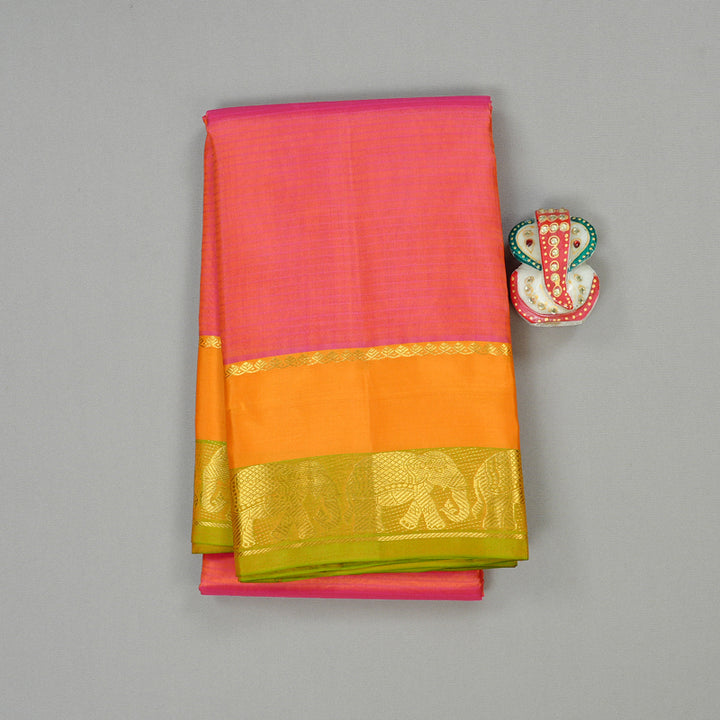 Hayagrivas Orangish Pink Handloom Kanjivaram Silk Saree with Mango Yellow Border KBE3D2-26