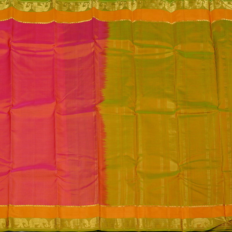 Hayagrivas Orangish Pink Handloom Kanjivaram Silk Saree with Mango Yellow Border KBE3D2-26