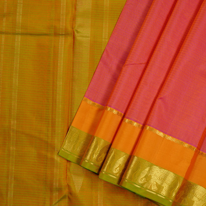 Hayagrivas Orangish Pink Handloom Kanjivaram Silk Saree with Mango Yellow Border KBE3D2-26