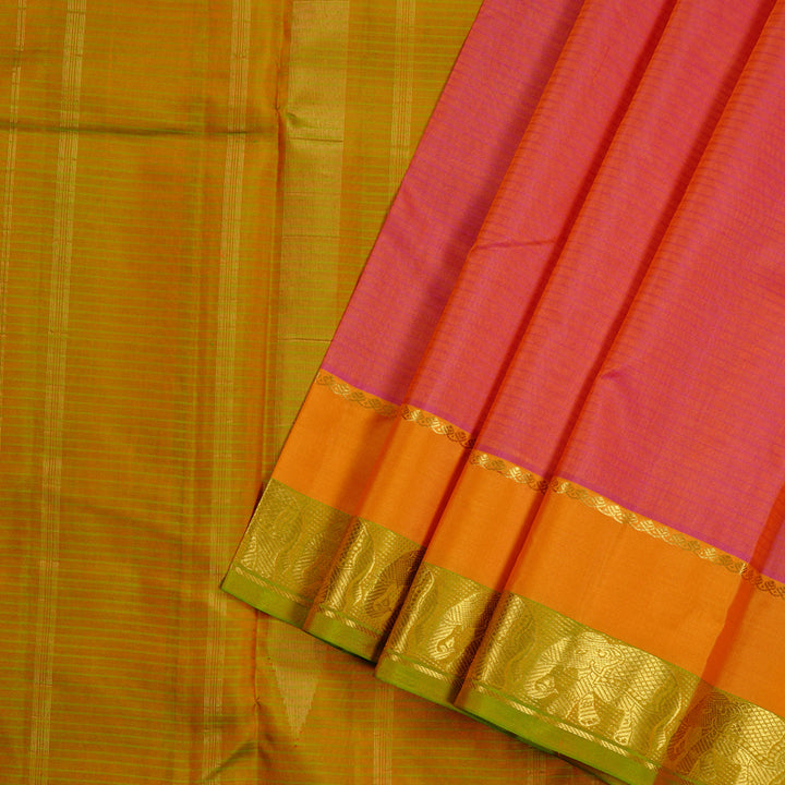 Hayagrivas Orangish Pink Handloom Kanjivaram Silk Saree with Mango Yellow Border KBE3D2-26