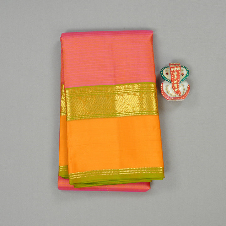 Hayagrivas Orangish Pink Handloom Kanjivaram Silk Saree with Mango Yellow Border KBE3D2-7
