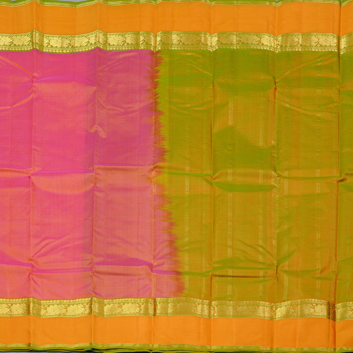 Hayagrivas Orangish Pink Handloom Kanjivaram Silk Saree with Mango Yellow Border KBE3D2-7