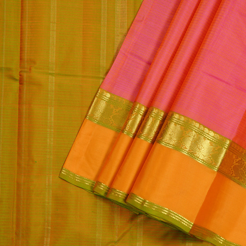Hayagrivas Orangish Pink Handloom Kanjivaram Silk Saree with Mango Yellow Border KBE3D2-7