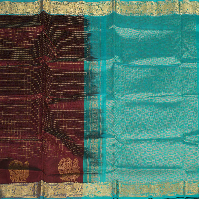 Hayagrivas Handloom Pure Silk Cotton in Dark Maroon with Sea Blue Jari checks KBE401E10-4