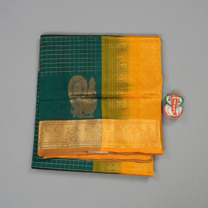 Hayagrivas Handloom Pure Silk Cotton Saree in Bottle Green with Mango Yellow Jari checks  KBE401E10-5