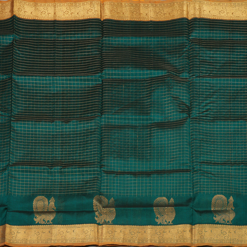 Hayagrivas Handloom Pure Silk Cotton Saree in Bottle Green with Mango Yellow Jari checks  KBE401E10-5