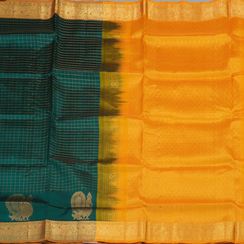 Hayagrivas Handloom Pure Silk Cotton Saree in Bottle Green with Mango Yellow Jari checks  KBE401E10-5