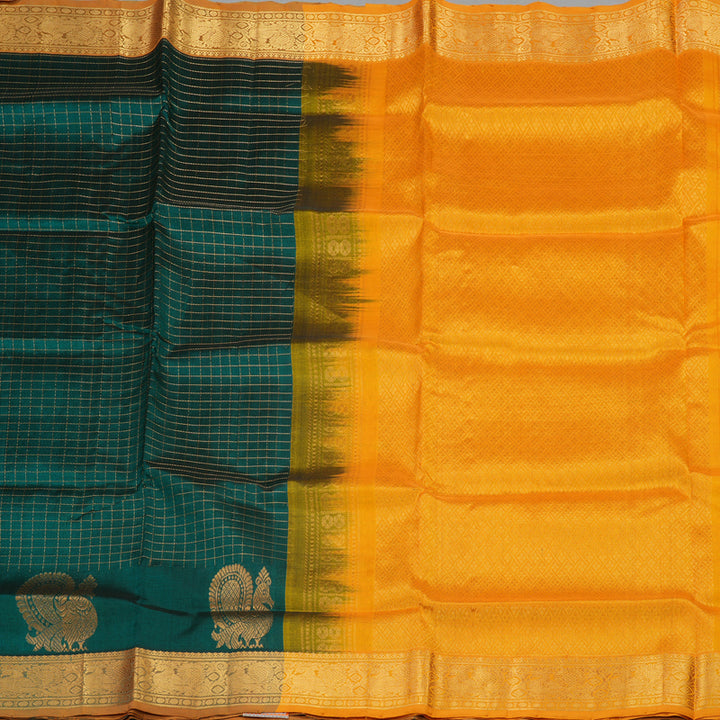 Hayagrivas Handloom Pure Silk Cotton Saree in Bottle Green with Mango Yellow Jari checks  KBE401E10-5