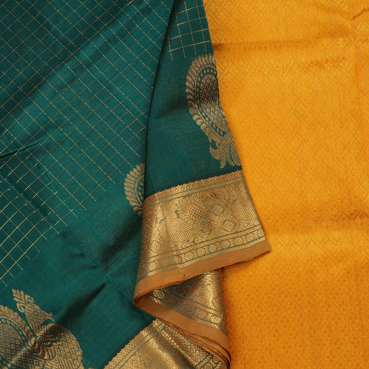 Hayagrivas Handloom Pure Silk Cotton Saree in Bottle Green with Mango Yellow Jari checks  KBE401E10-5