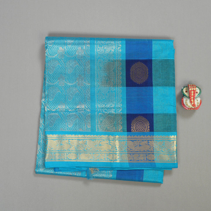 Hayagrivas Handloom kanjivaram silk cotton saree in Sky blue with blue checks KBE401E14-4
