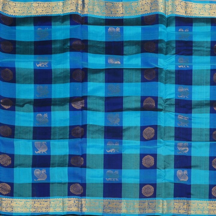 Hayagrivas Handloom kanjivaram silk cotton saree in Sky blue with blue checks KBE401E14-4