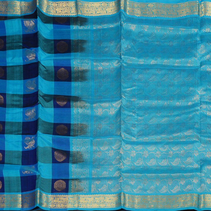 Hayagrivas Handloom kanjivaram silk cotton saree in Sky blue with blue checks KBE401E14-4