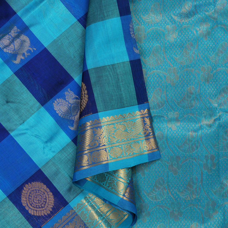 Hayagrivas Handloom kanjivaram silk cotton saree in Sky blue with blue checks KBE401E14-4