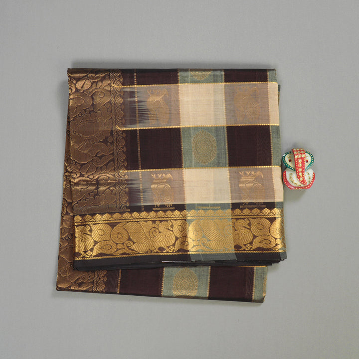 Hayagrivas Handloom Pure Silk Cotton Saree in Sandal with Brown Checks KBE401E14-6