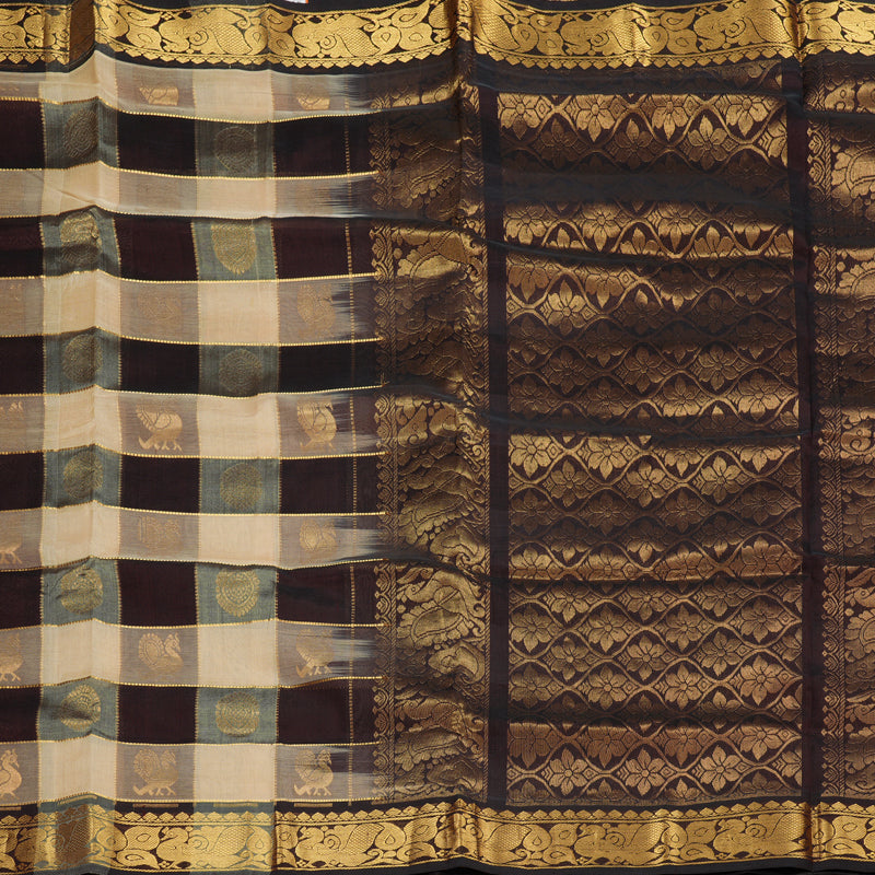 Hayagrivas Handloom Pure Silk Cotton Saree in Sandal with Brown Checks KBE401E14-6