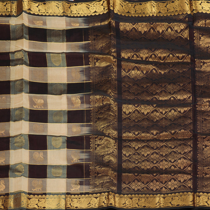 Hayagrivas Handloom Pure Silk Cotton Saree in Sandal with Brown Checks KBE401E14-6